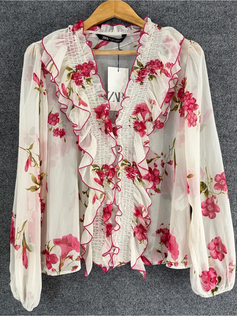 Zara Womens Sheer Floral Ruffle Front Top Size Large Long Sleeve Cottagecore